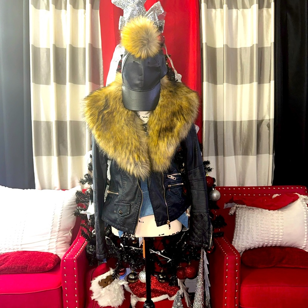 Faux leather Moto Jacket and hat